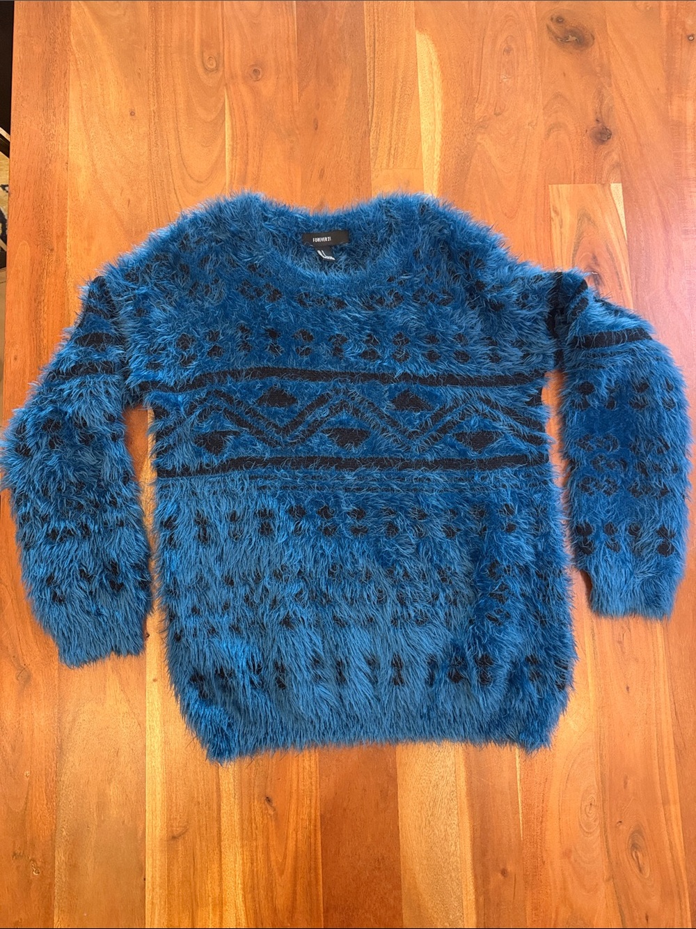 Forever 21 Teal-Blue Fuzzy Crewneck Sweater with Black Pattern